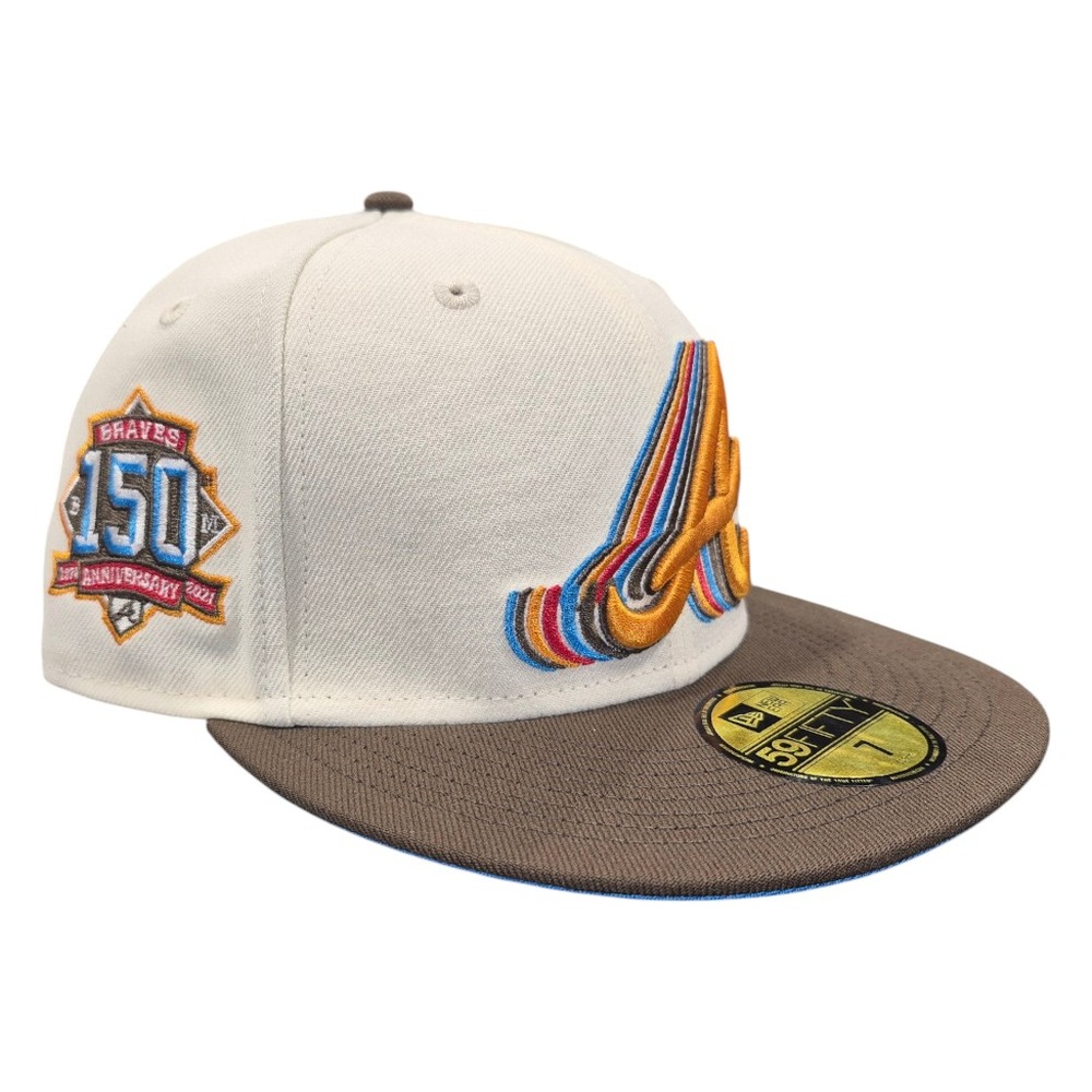 Atlanta Braves Brown Two Tone Shadow Logo 150th Anniversary Patch Blue UV New Era 59FIFTY Fitted Hat