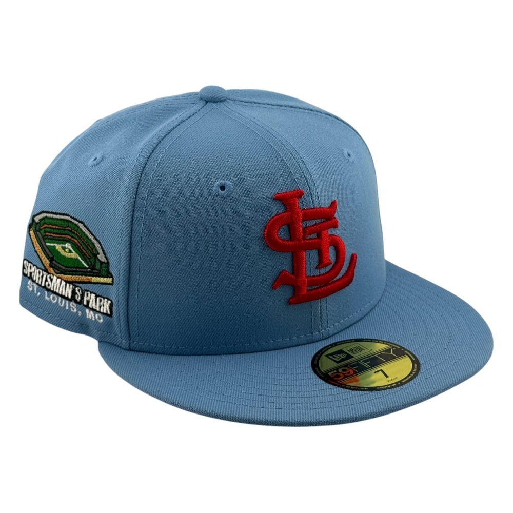 St. Louis Cardinals Light Blue with Red STL Logo Sportsman's Park Patch New Era 59FIFTY Fitted Hat