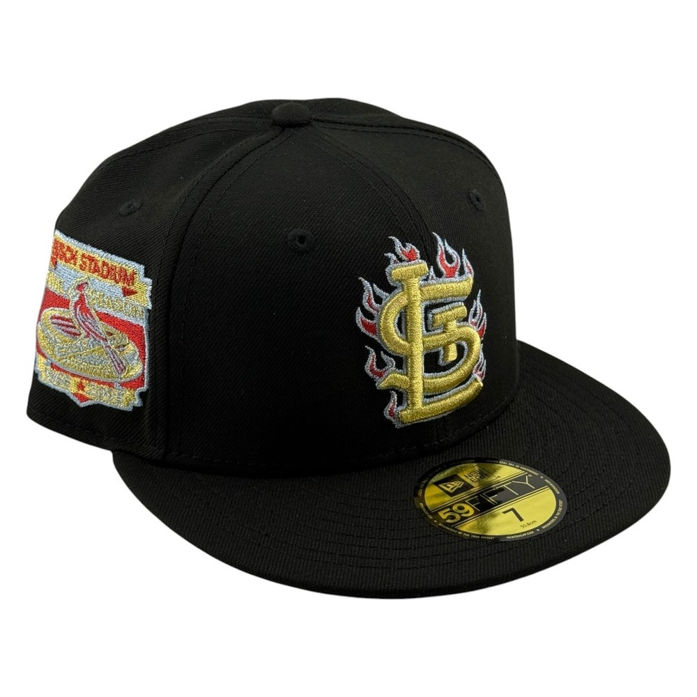 St. Louis Cardinals Black STL Logo with Red Flames Busch Stadium Patch New Era 59FIFTY Fitted Hat