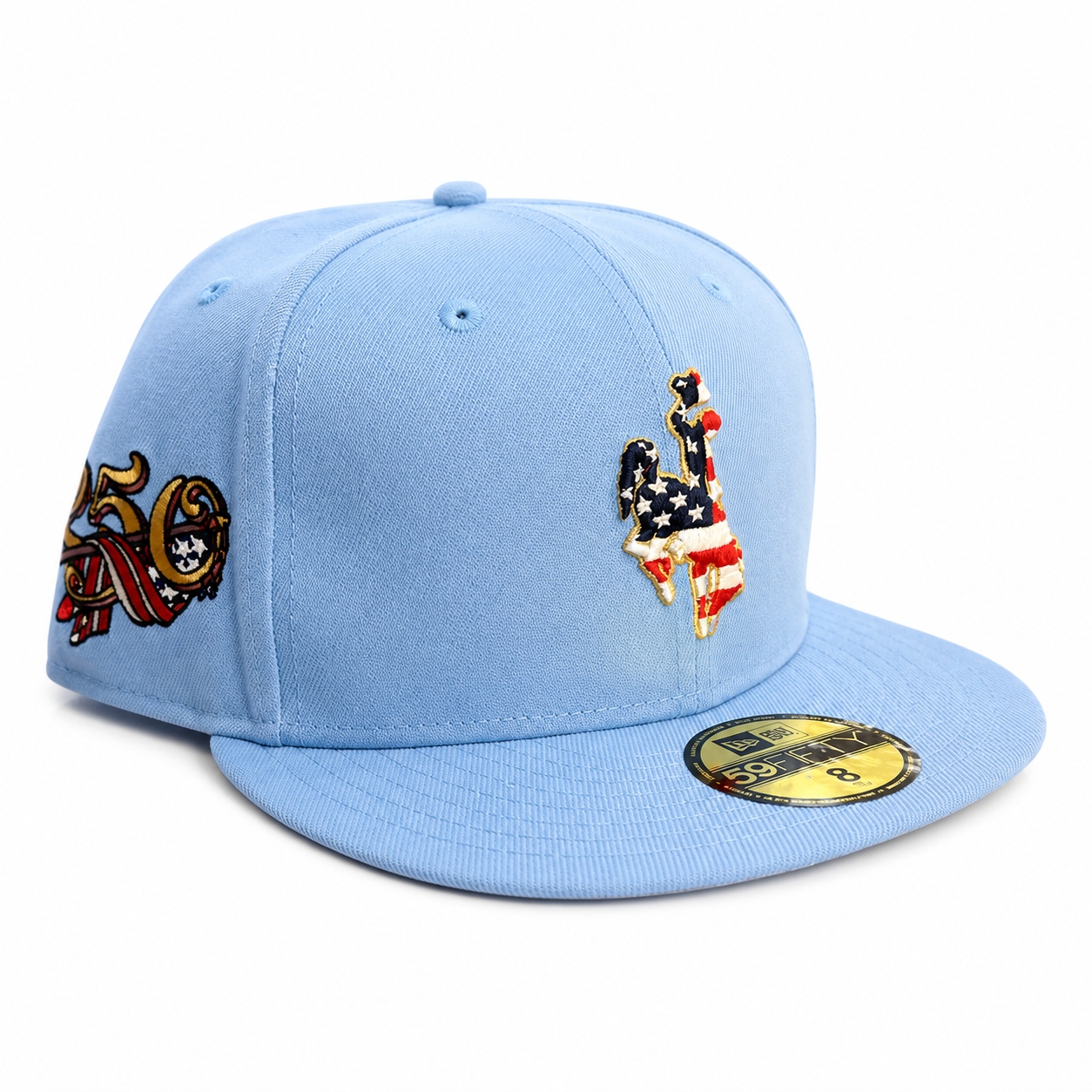 Wyoming Cowboys Blue USA 250th Anniversary Patch Gray UV New Era 59FIFTY Fitted Hat