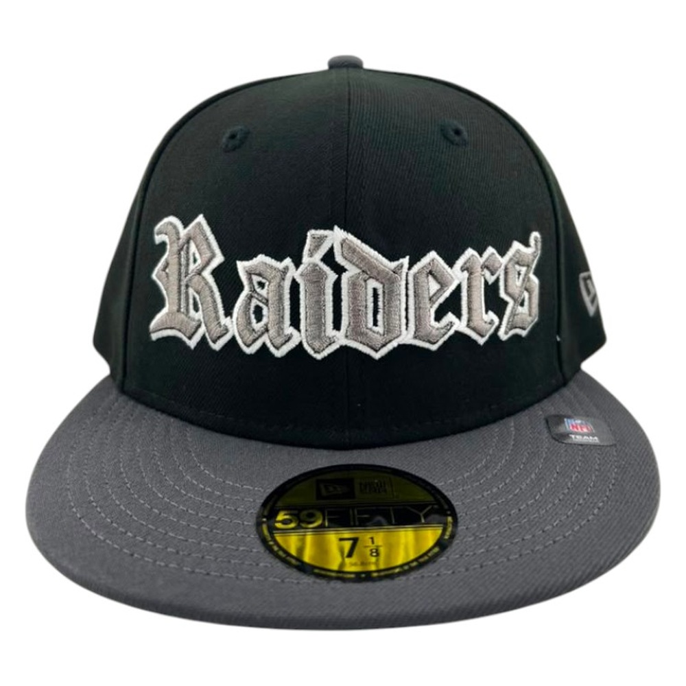 Las Vegas Raiders Black and Graphite NFL Old English Gray UV New Era 59FIFTY Fitted Hat