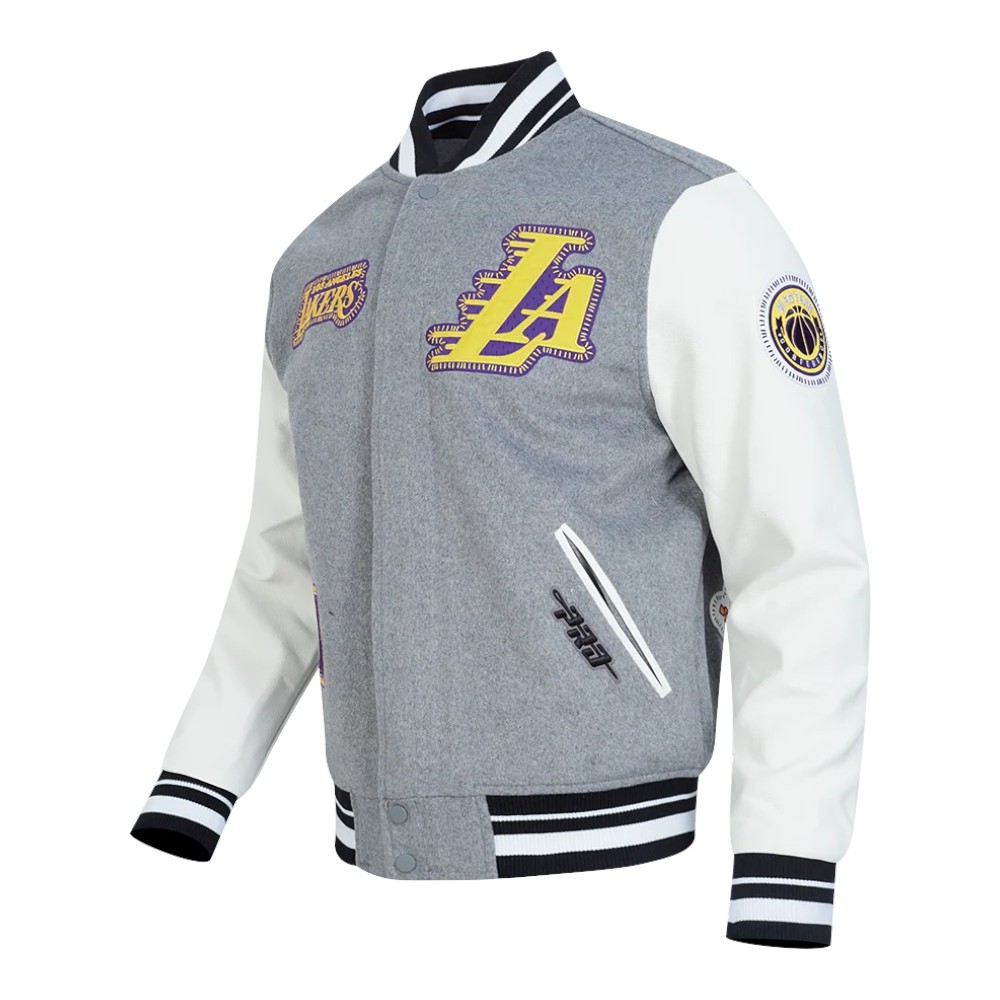 Los Angeles Lakers Heather Grey and White DIY Pick Stitch Pro Standard Rib Wool Varsity Jacket