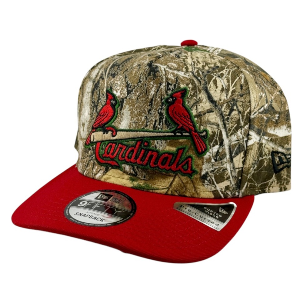St. Louis Cardinals Realtree Camo and Red "Cardinals" Script New Era 9FIFTY A-Frame Snapback Hat