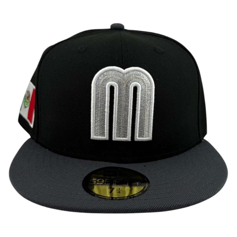 Mexico Black and Charcoal Two Tone Silver Metallic Logo Flag Patch New Era 59FIFTY Fitted Hat