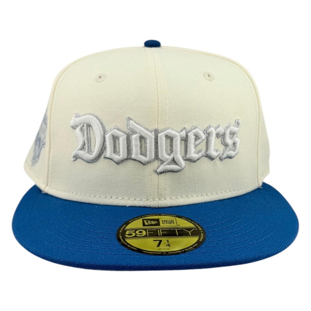 Los Angeles Dodgers Chrome and Seashore Blue Back to Champs Patch Grey UV New Era 59FIFTY Fitted Hat
