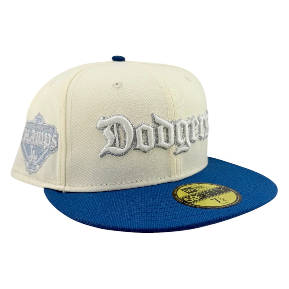 Los Angeles Dodgers Chrome and Seashore Blue Back to Champs Patch Grey UV New Era 59FIFTY Fitted Hat