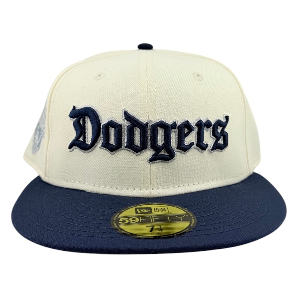 Los Angeles Dodgers Chrome and Oceanside Blue Old English Back to Champs Patch Grey UV New Era 59FIFTY Fitted Hat