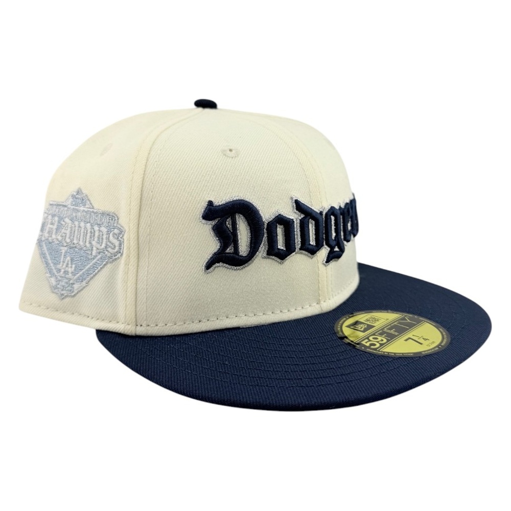 Los Angeles Dodgers Chrome and Oceanside Blue Old English Back to Champs Patch Grey UV New Era 59FIFTY Fitted Hat