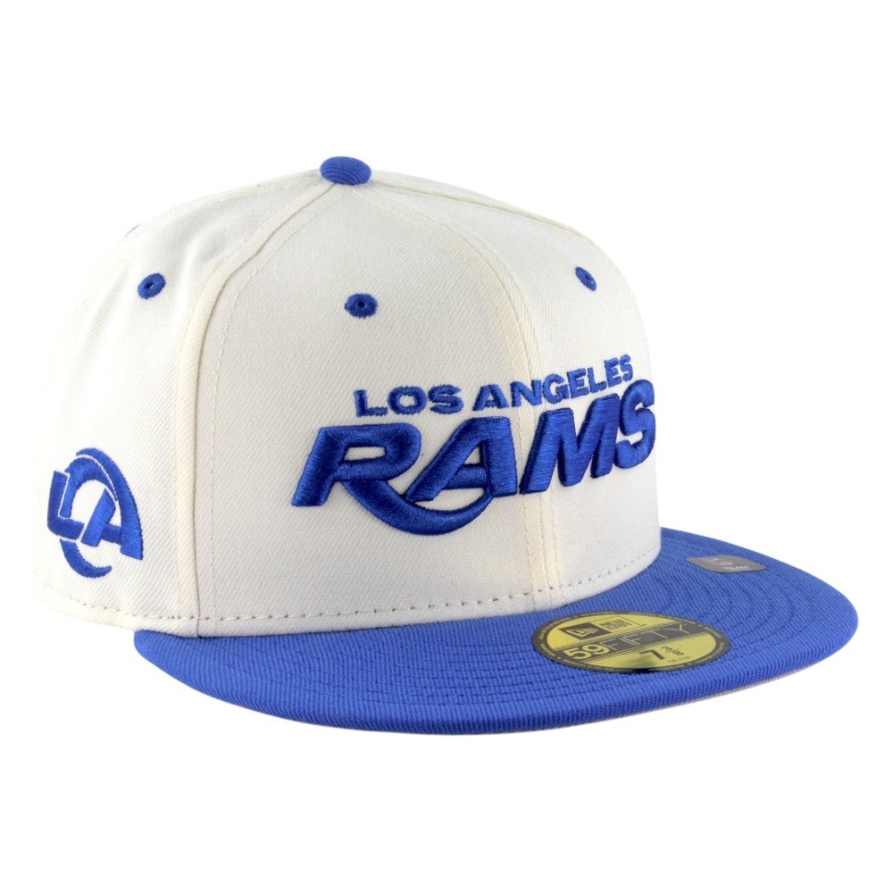 Los Angeles Rams Chrome and Royal Wordmark Logo LA Patch New Era 59FIFTY Fitted Hat