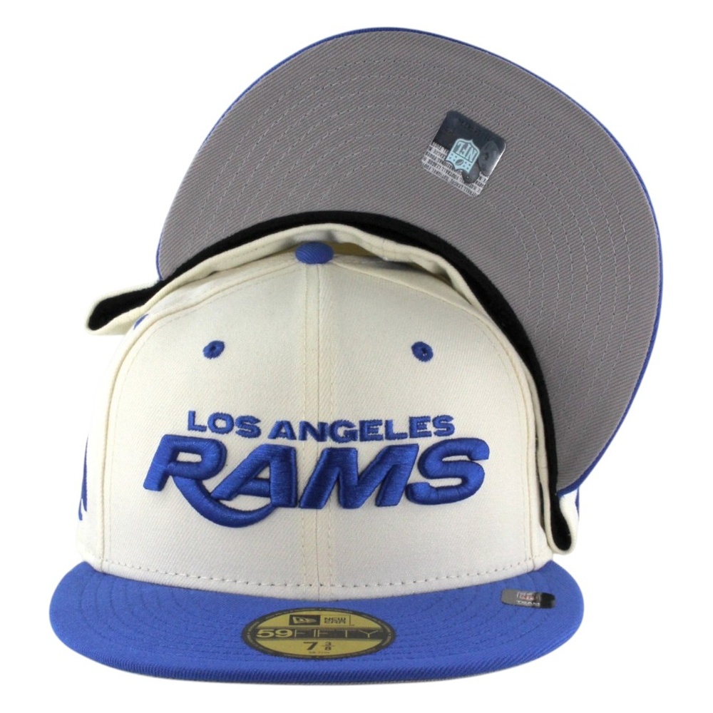 Los Angeles Rams Chrome and Royal Wordmark Logo LA Patch New Era 59FIFTY Fitted Hat