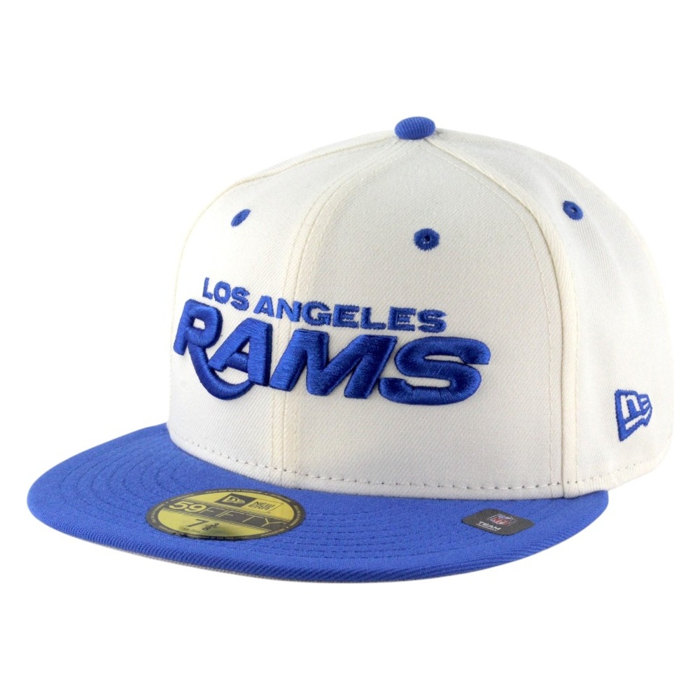 Los Angeles Rams Chrome and Royal Wordmark Logo LA Patch New Era 59FIFTY Fitted Hat