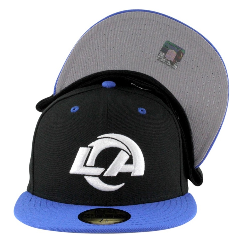 Los Angeles Rams Black and Royal with White LA Logo New Era 59FIFTY Fitted Hat