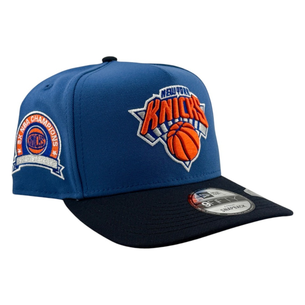 New York Knicks Blue and Black 3X NBA Champions Patch New Era 9FIFTY A-Frame Hat
