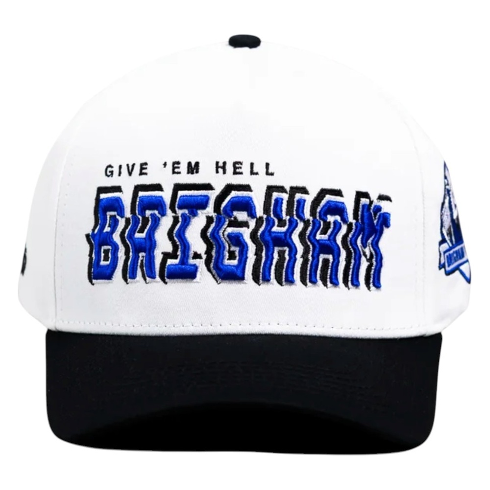 BYU Cougars White and Black Pulse "Give Em Hell" Stadium Patch Woodn Grail Snapback Hat