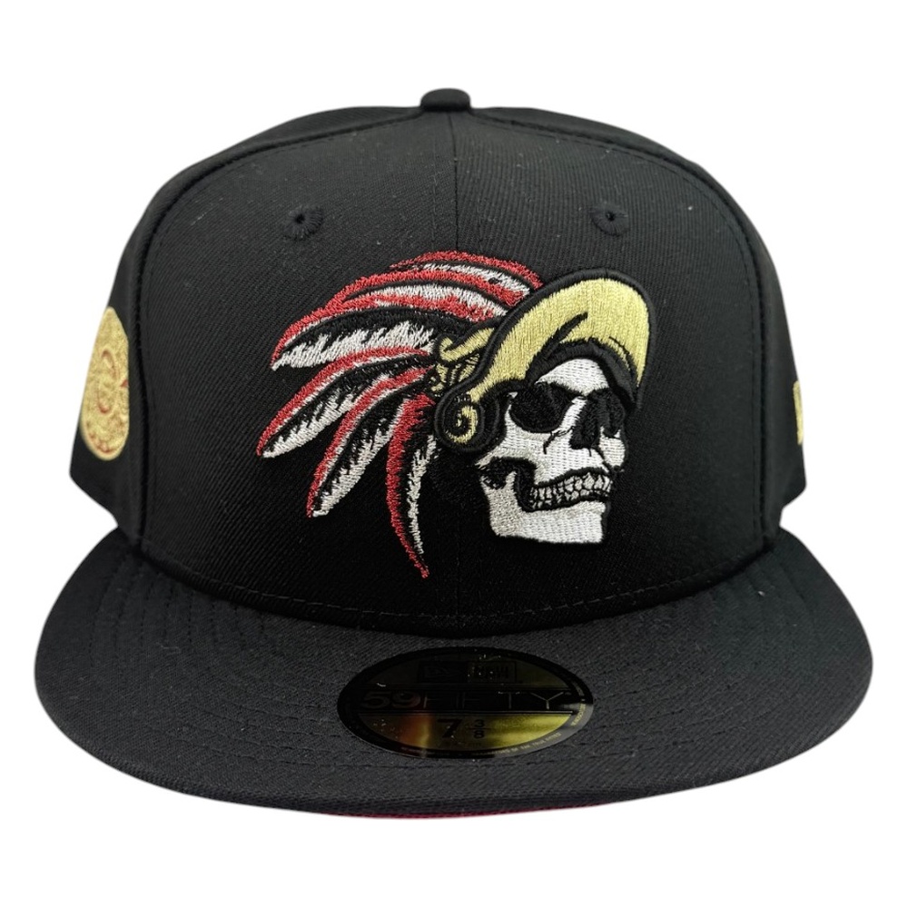 Mexico Black Aztec Warrior Skull Calendar Patch Maroon UV New Era 59FIFTY Fitted Hat