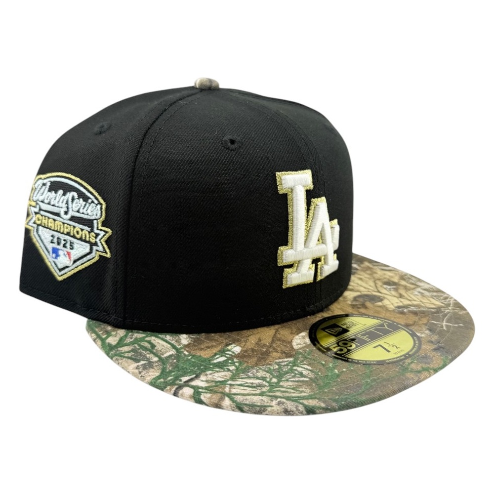 Los Angeles Dodgers Black Realtree Camo 2025 World Series Champions Patch Grey UV New Era 59FIFTY Fitted Hat
