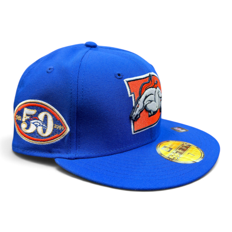 Denver Broncos Majestic Blue Leon the Lab 50th Anniversary Patch Kelly Green UV New Era 59FIFTY Fitted Hat