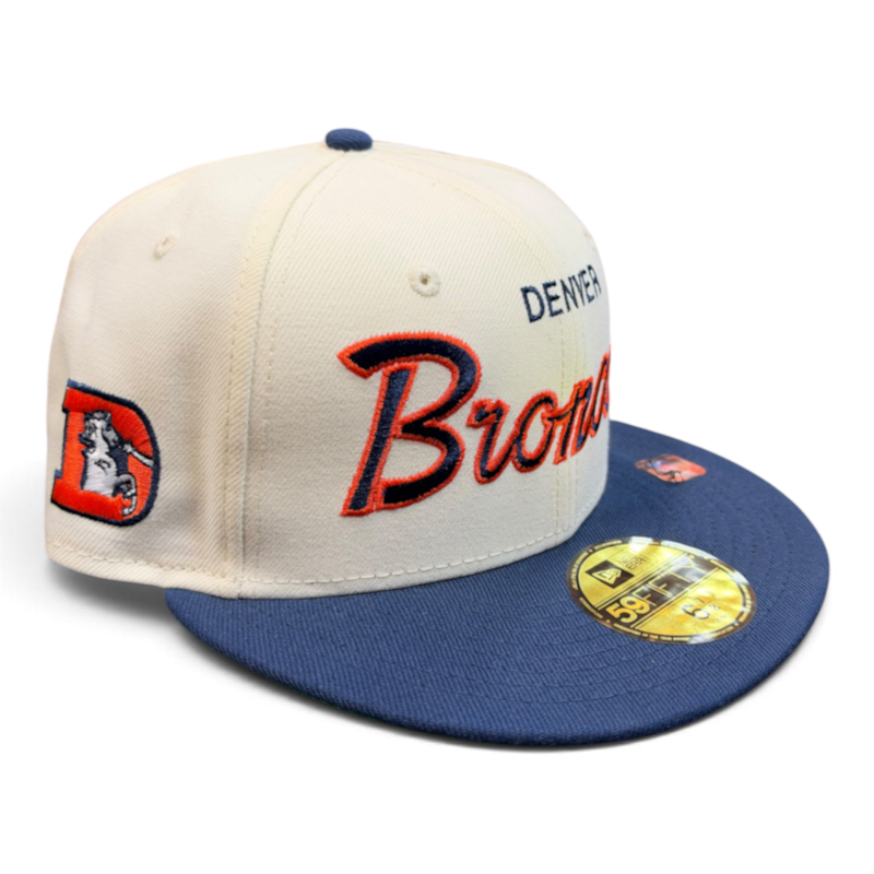 Denver Broncos Chrome Oceanside Blue Retro Script Leon the Lab Kelly Green UV New Era 59FIFTY Fitted Hat