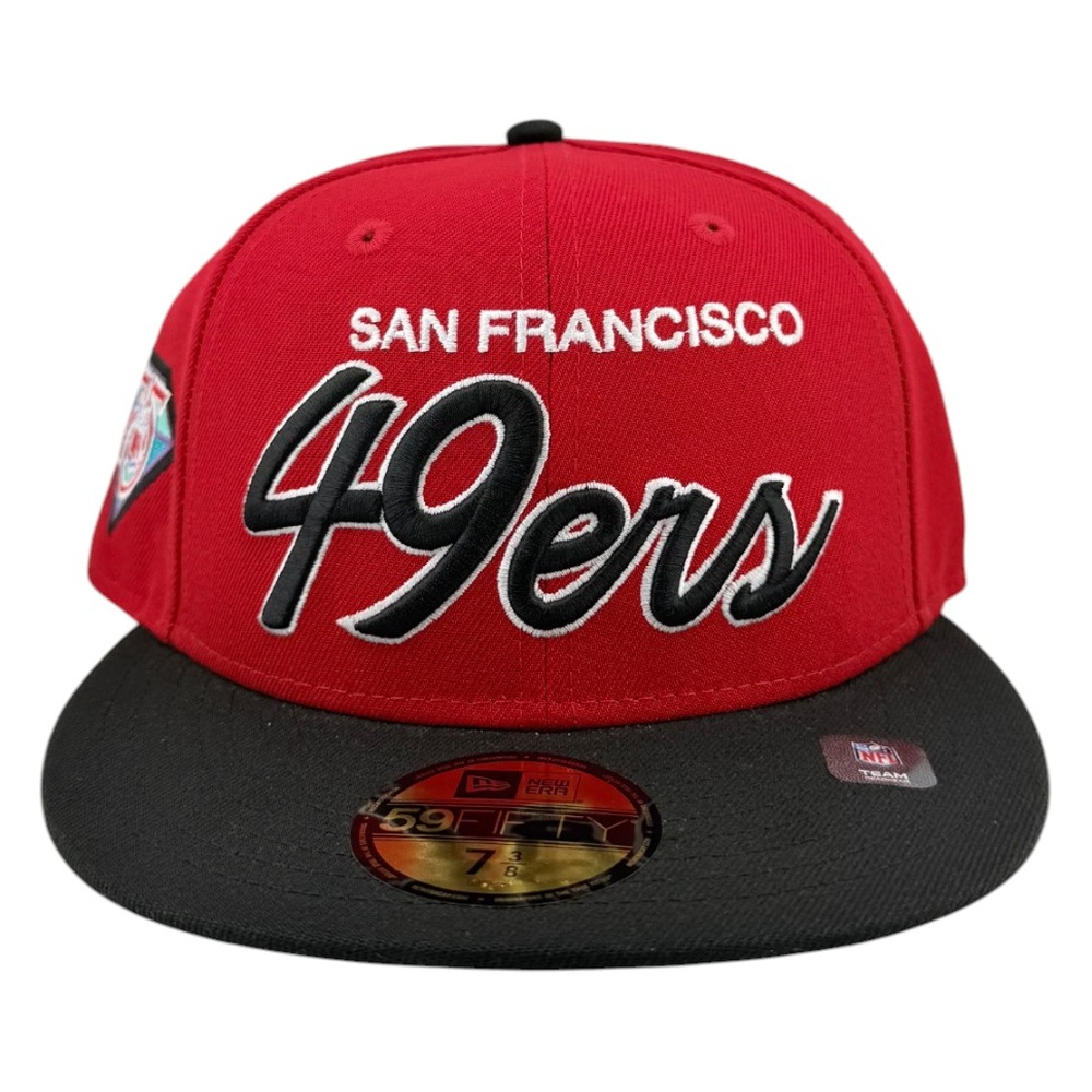 San Francisco 49ers Scarlet and Black Script 75th Anniversary Patch Green UV New Era 59FIFTY Fitted Hat