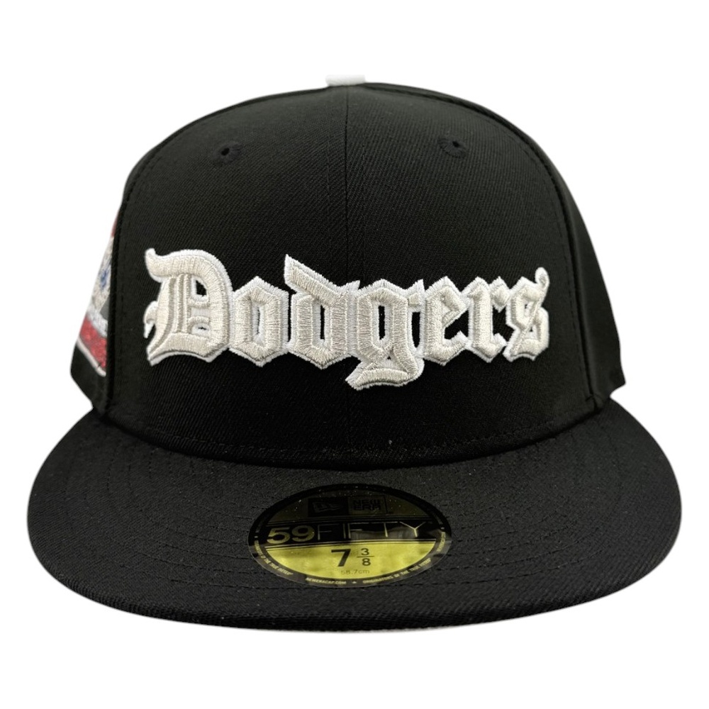 Los Angeles Dodgers Black Old English Script Back to World Series Champions Patch Grey UV New Era 59FIFTY Fitted Hat