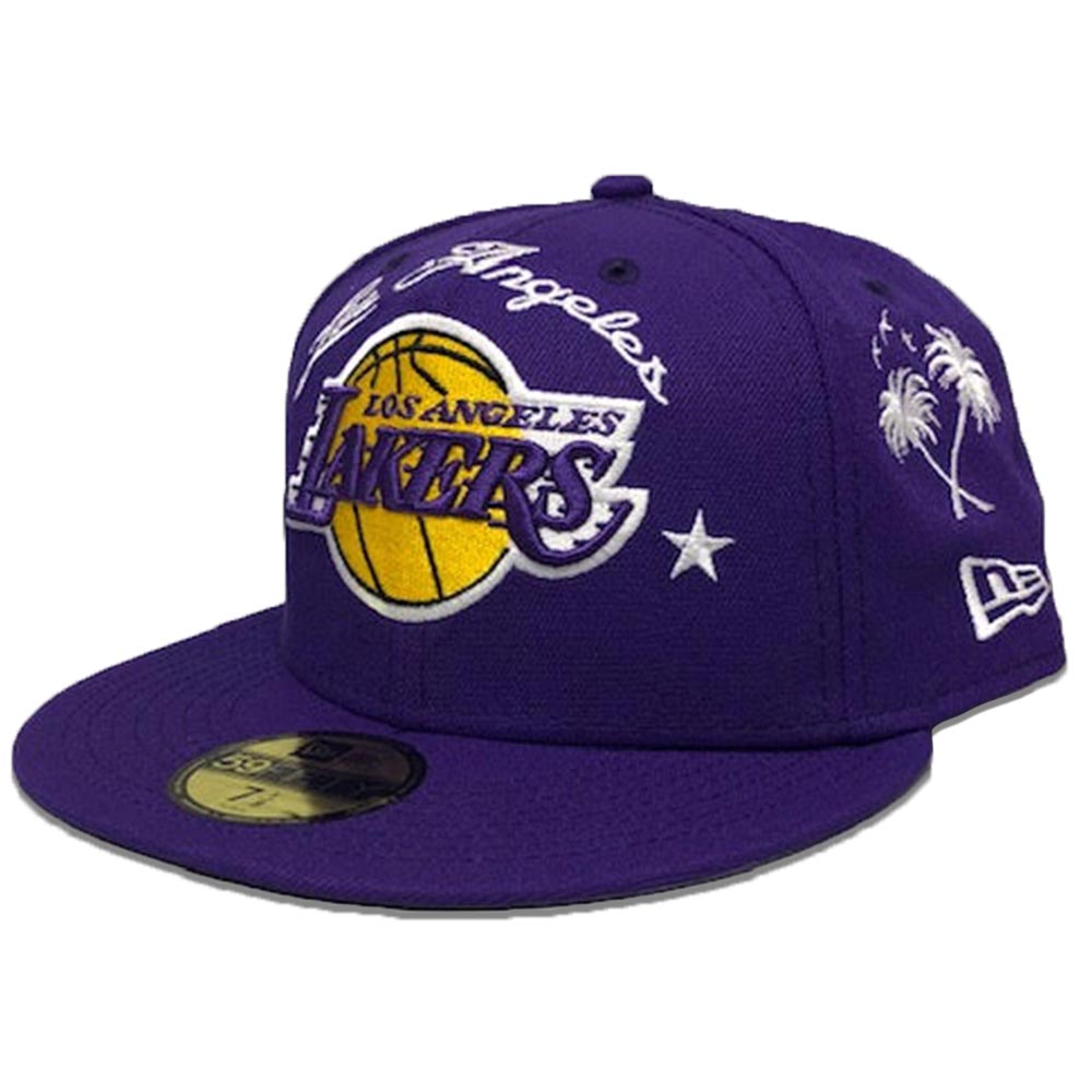Los Angeles Lakers Starry Script Palm Tree Purple New Era 59FIFTY Fitted Hat