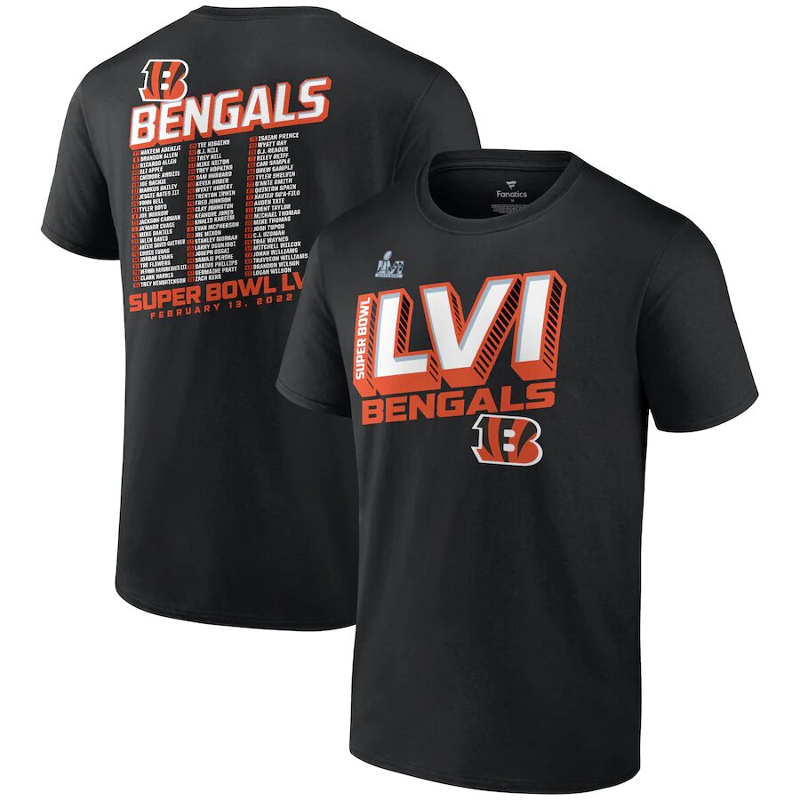 Cincinnati Bengals Super Bowl LVI Bound Tilted Roster Black T-Shirt