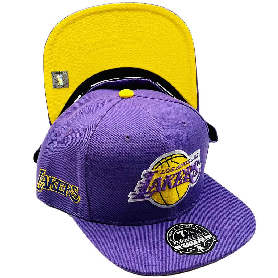 Los Angeles Lakers Purple Hyperteam Color Brim Throwback Side Patch Yellow UV Mitchell & Ness Fitted Hat