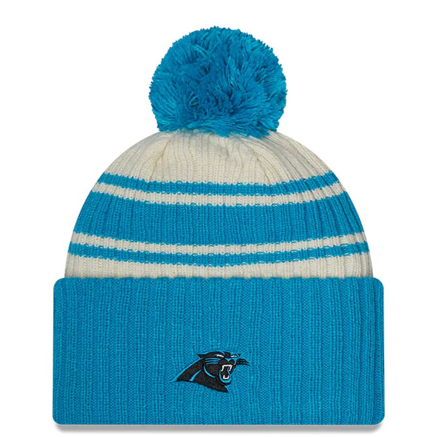 Carolina Panthers New Era 2022 Cream NFL Sideline Sport Pom Cuffed Knit Beanie Hat