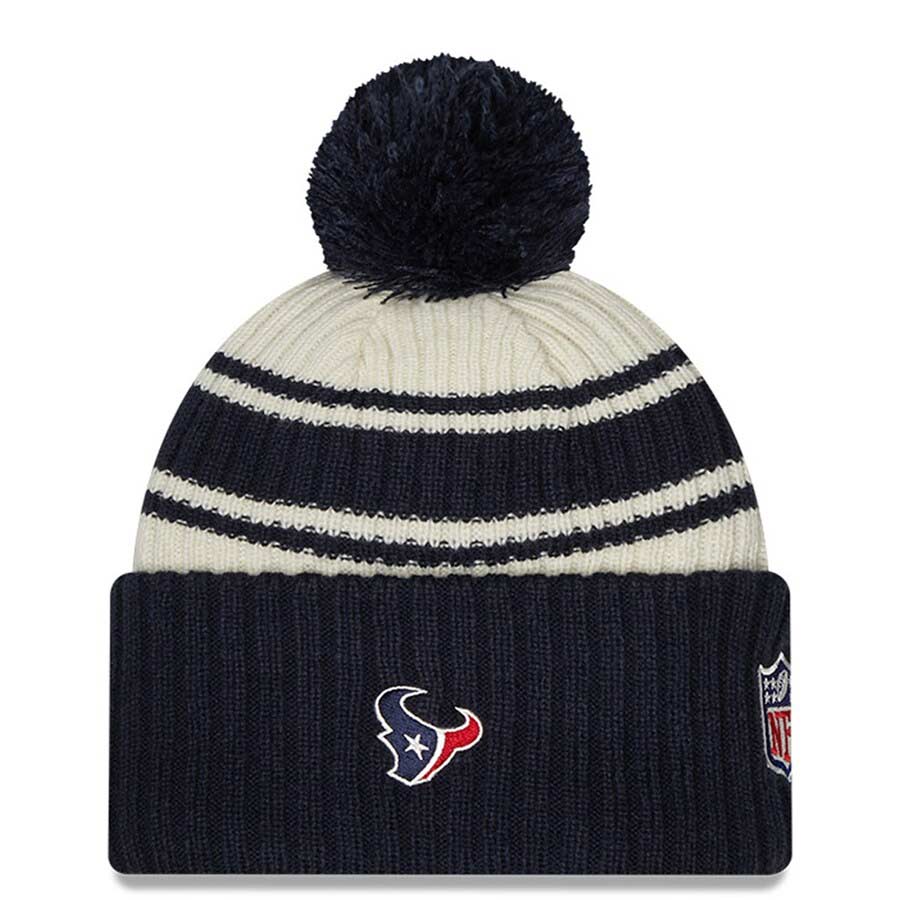 Houston Texans New Era 2022 Cream NFL Sideline Sport Pom Cuffed Knit Beanie Hat