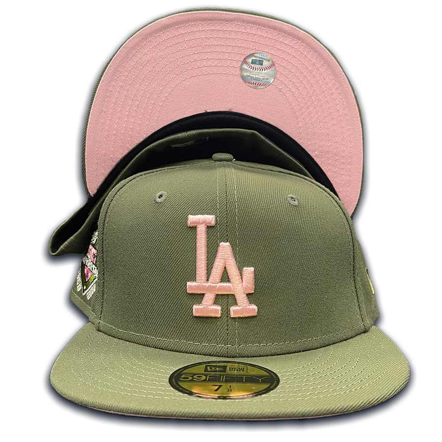 Los Angeles Dodgers Olive Green Two Tone 50th Anniversary Patch Pink UV 59FIFTY Fitted Hat